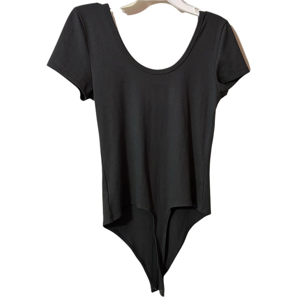American Eagle Dark Charcoal Ribbed Scoop Neck Bodysuit - Picture 2 of 8